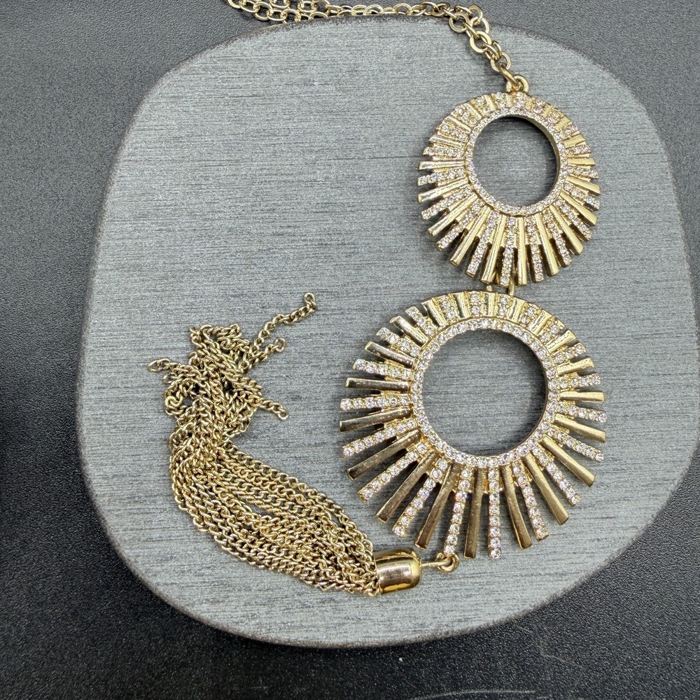 Gold Tone Rhinestone Sunburst Tassel Pendant Necklace Statement Boho Festival